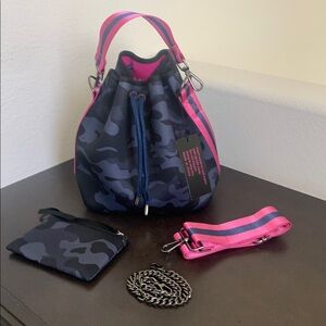 HAUTE SHORE Pink and Blue Bucket Bag & accessories.
